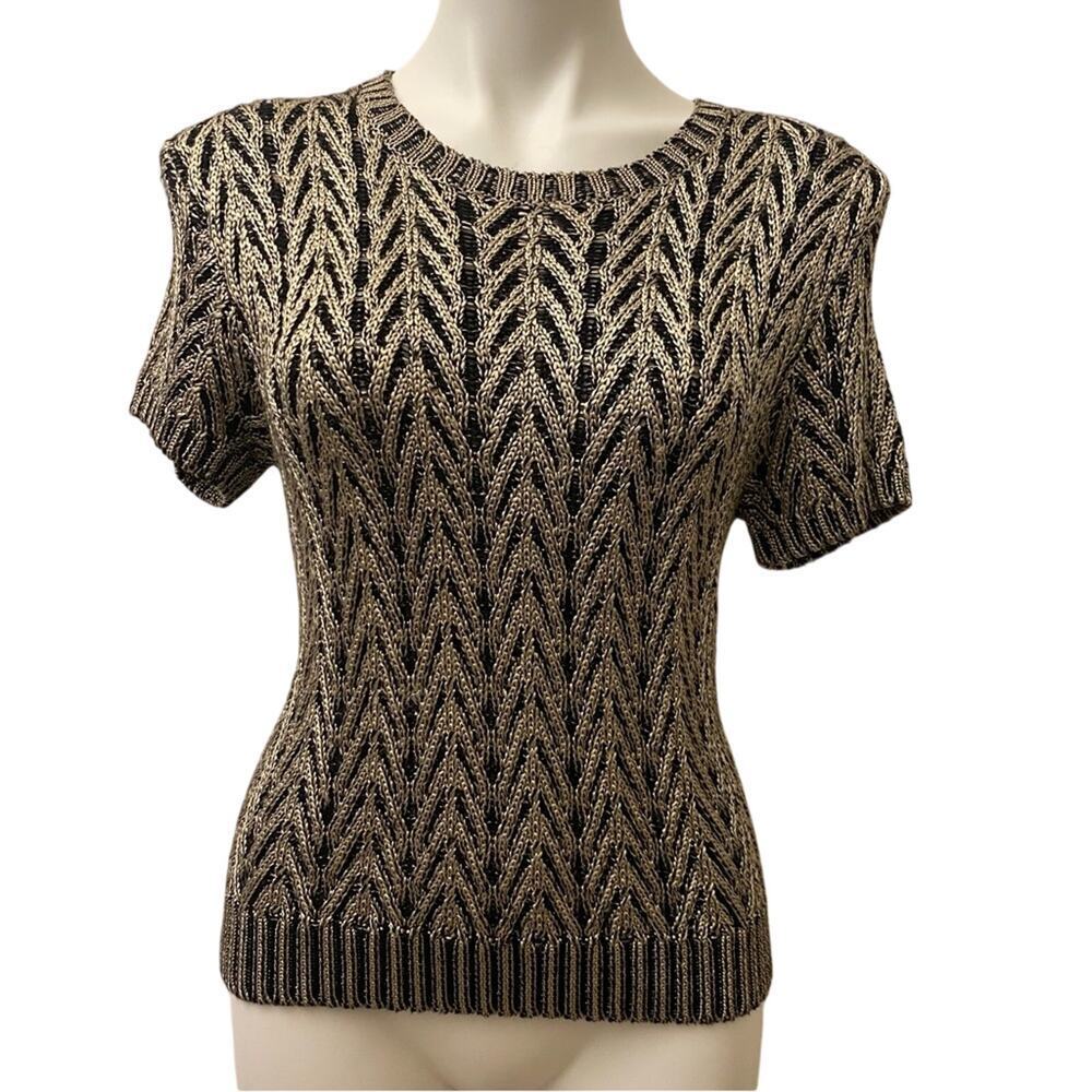 Black & Gold Cable Knit Sweater sz S crew neck Heavy Knit Sweater Metallic